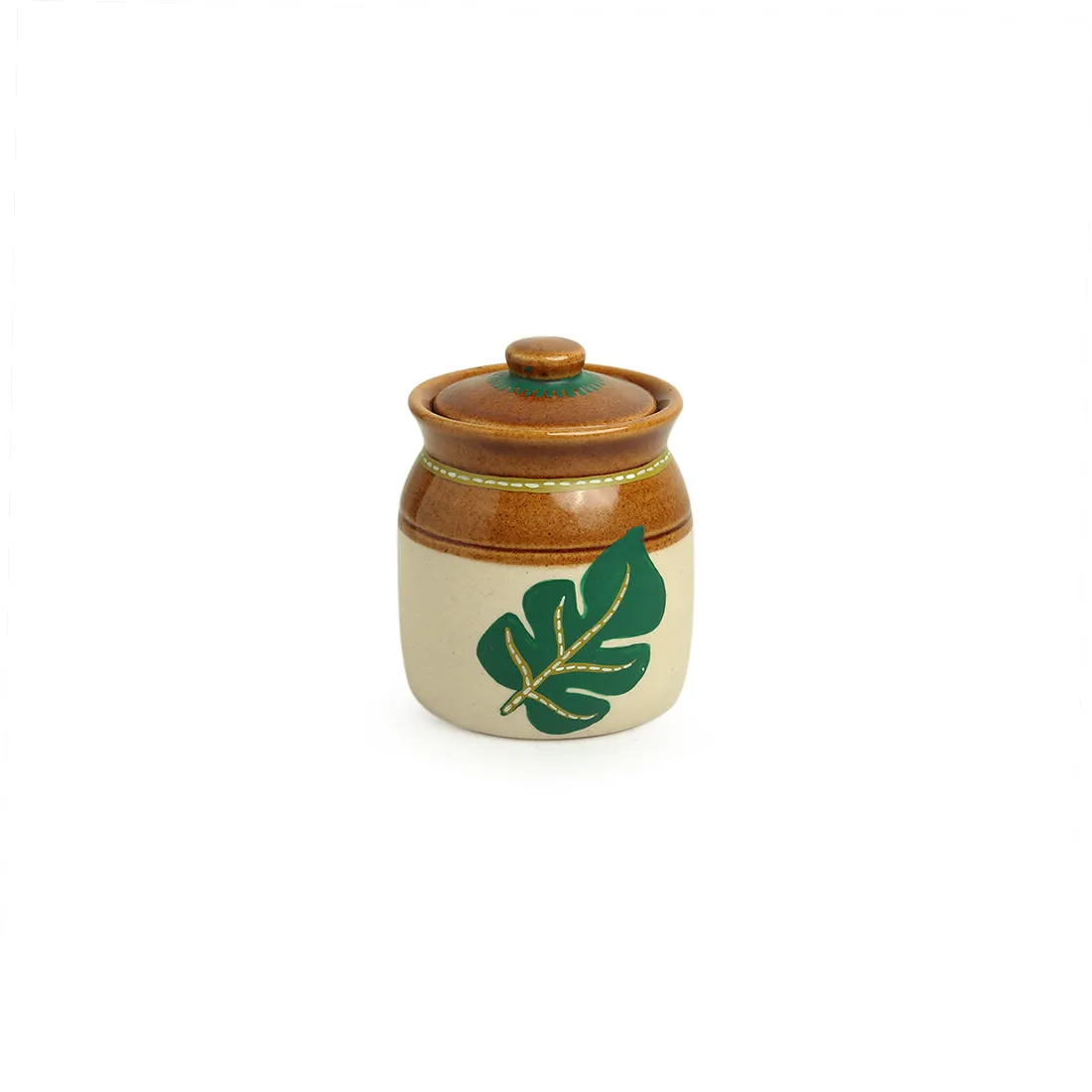 'Shades of a Leaf' Handpainted Ceramic Multi-Purpose Jars With Lids & Holders (Set of 4, 220 ml)