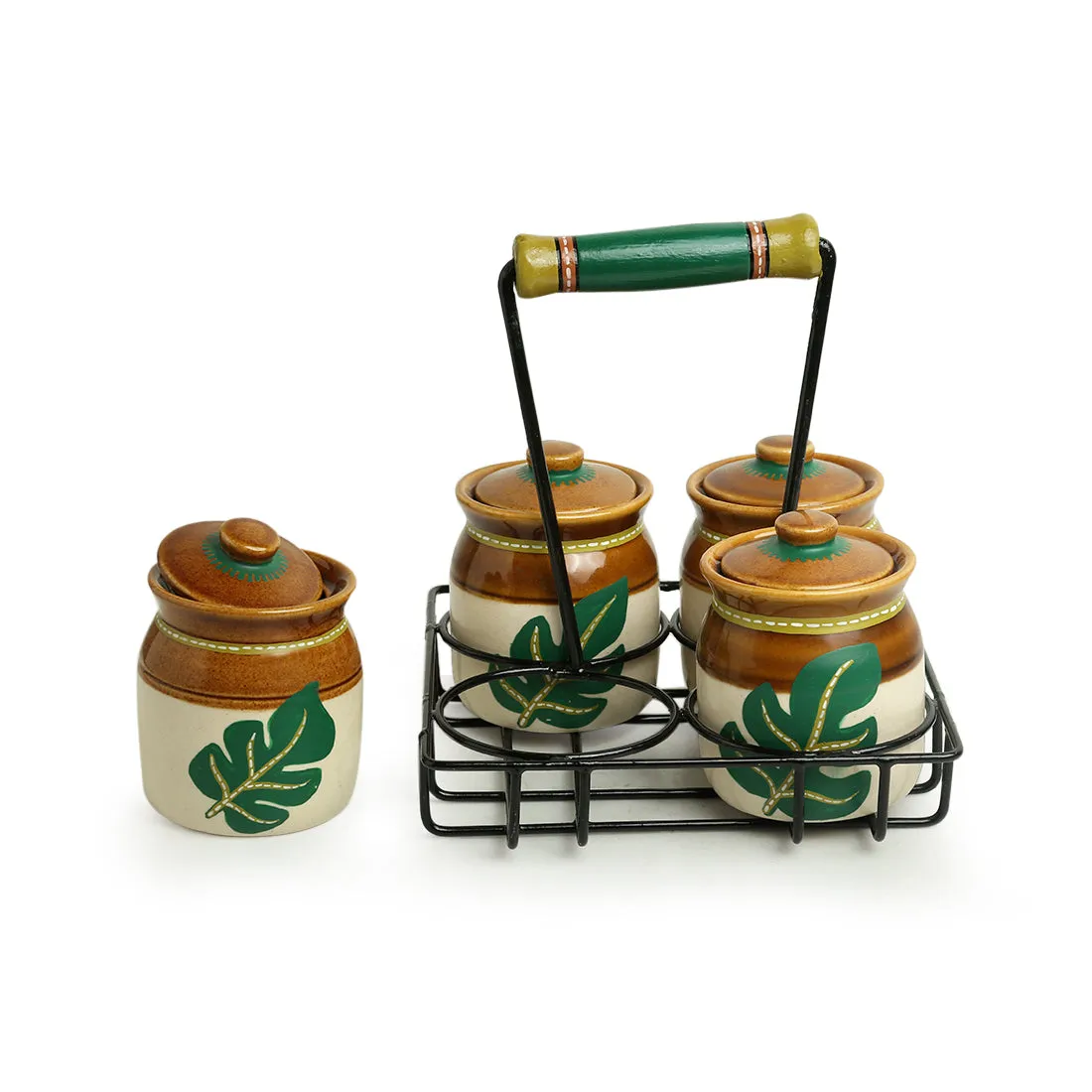 'Shades of a Leaf' Handpainted Ceramic Multi-Purpose Jars With Lids & Holders (Set of 4, 220 ml)