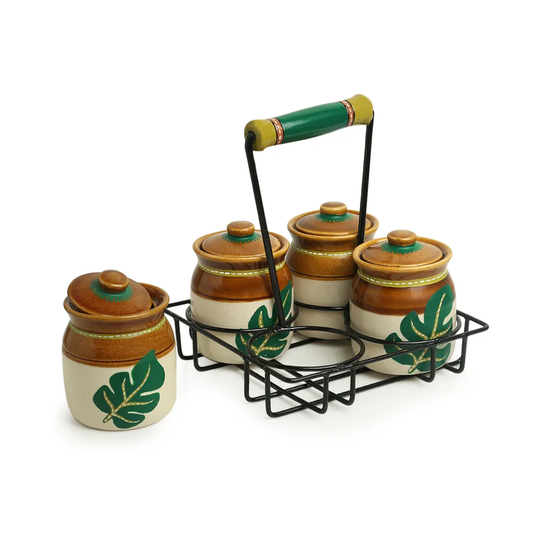 'Shades of a Leaf' Handpainted Ceramic Multi-Purpose Jars With Lids & Holders (Set of 4, 220 ml)