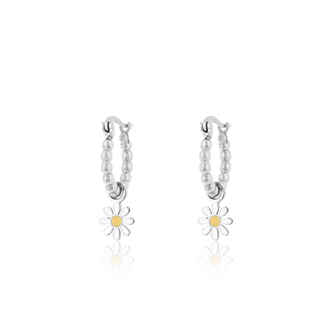 Silver coloured hoop earrings with a flower charm