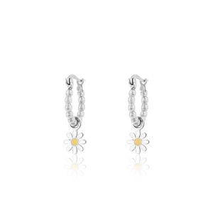 Silver coloured hoop earrings with a flower charm