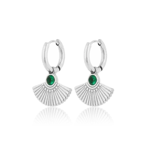 Silver coloured hoop earrings with a peacock tail