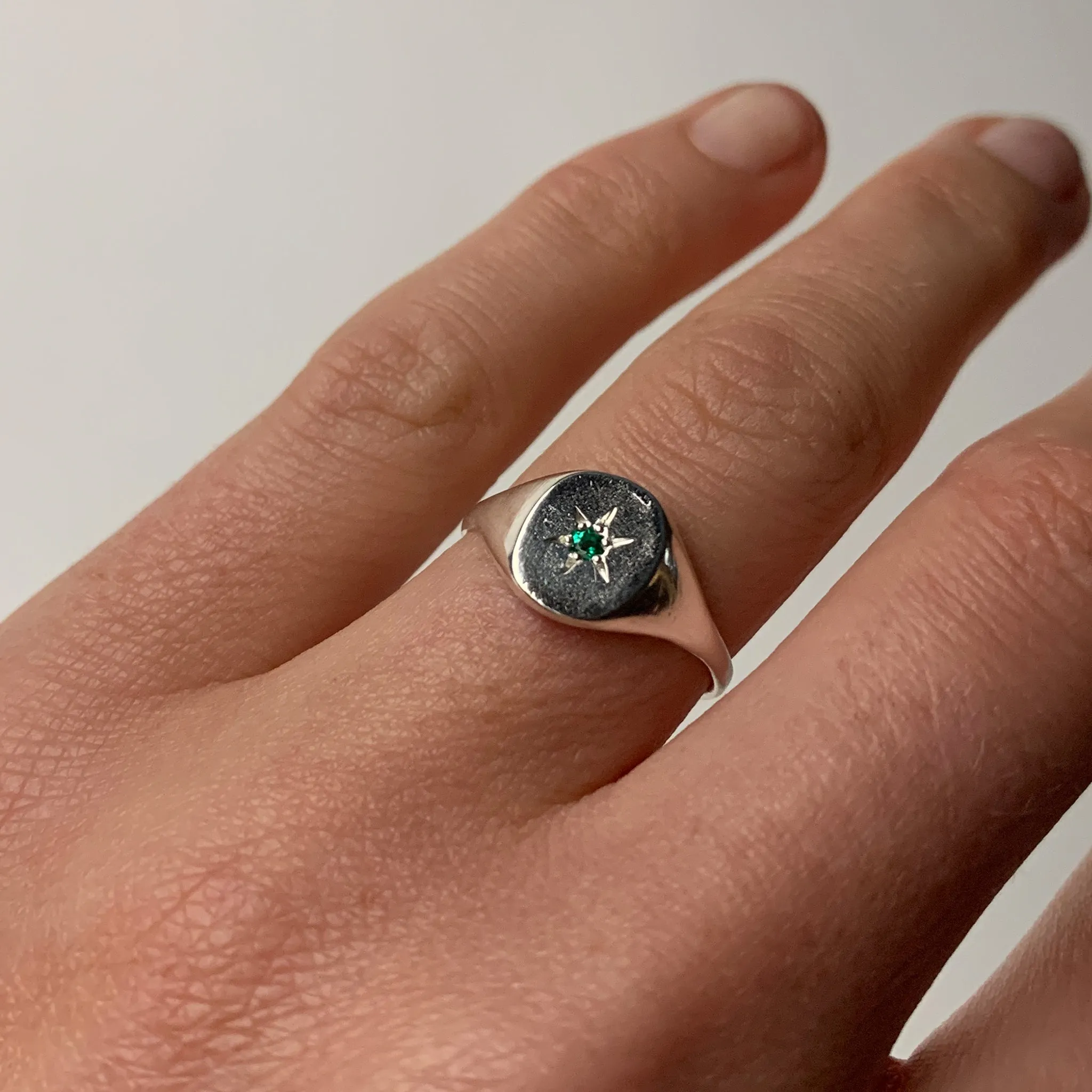 Silver Signet With Emerald Stone Ring