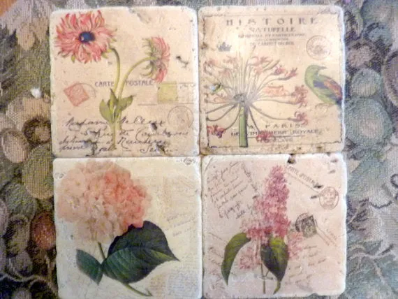 Stone Coasters, Pink Paris coasters, Vintage French Postcards