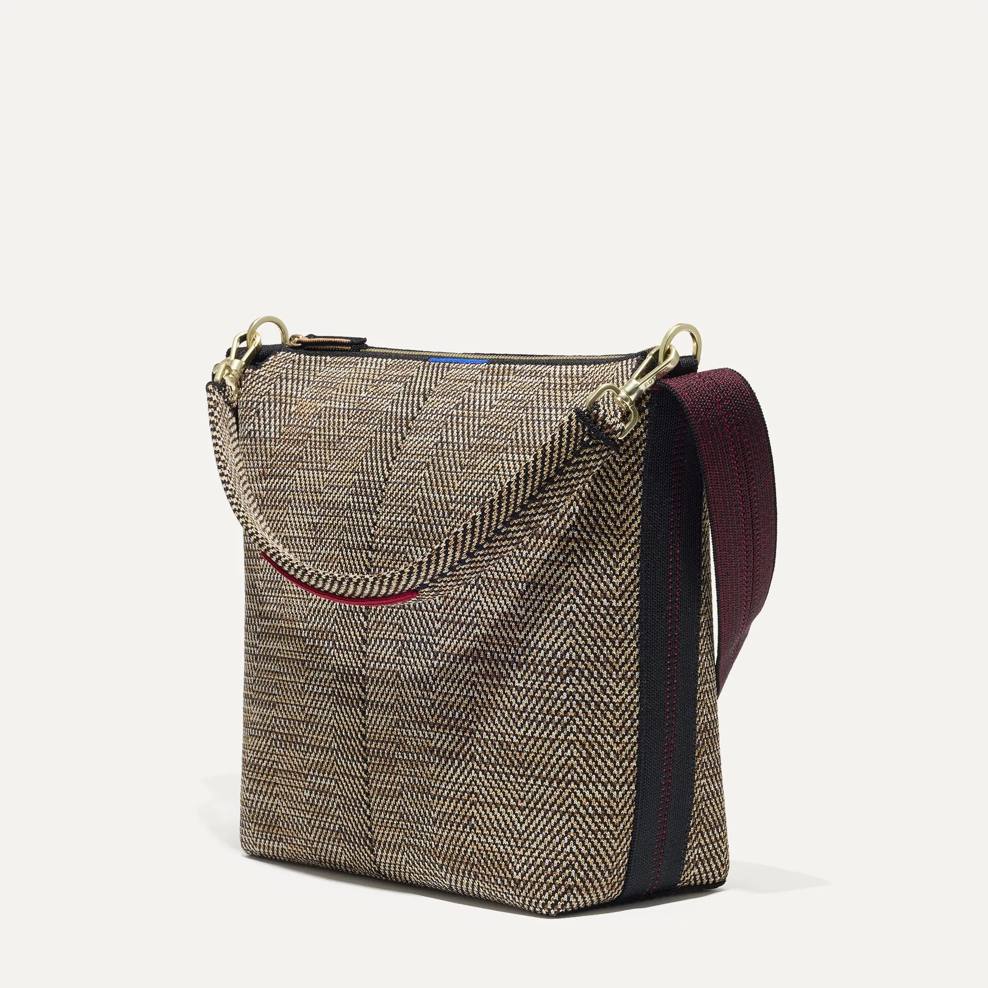 Compact Cacao Herringbone Patterned Mini Zip Bucket Bag