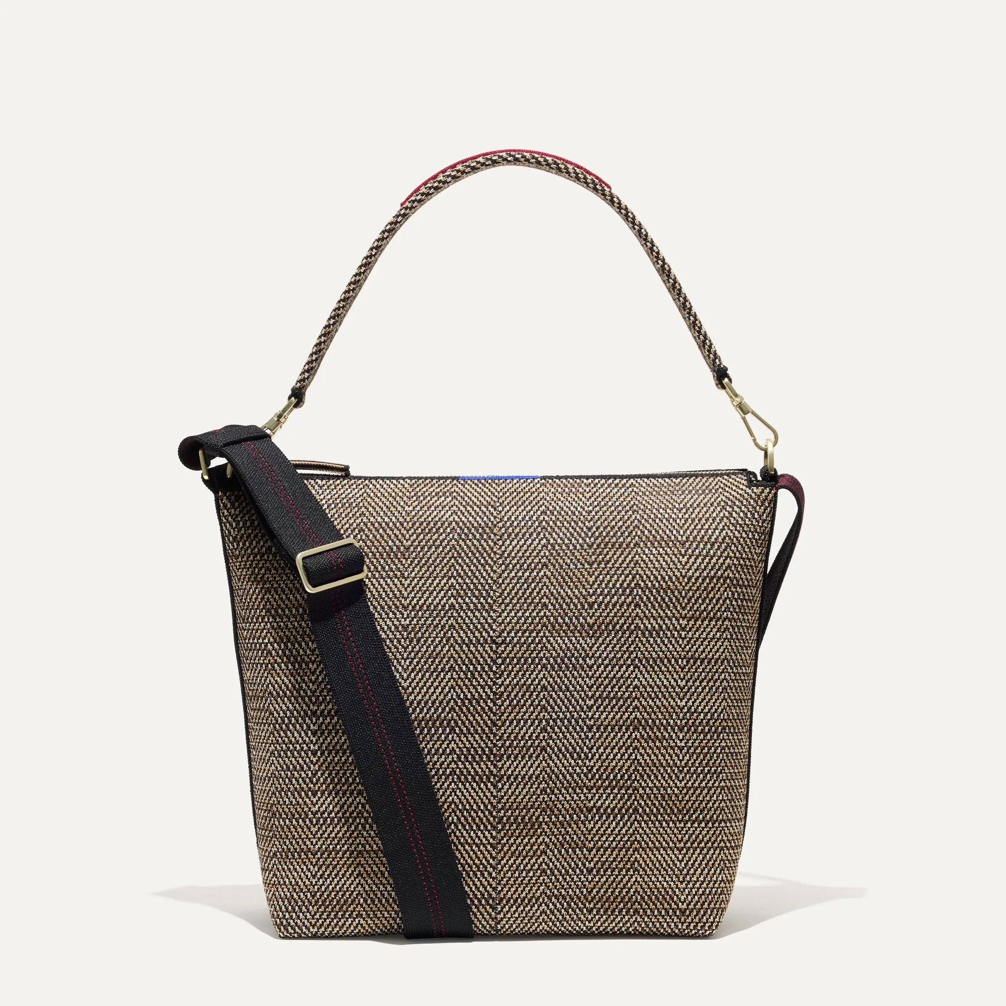 Compact Cacao Herringbone Patterned Mini Zip Bucket Bag