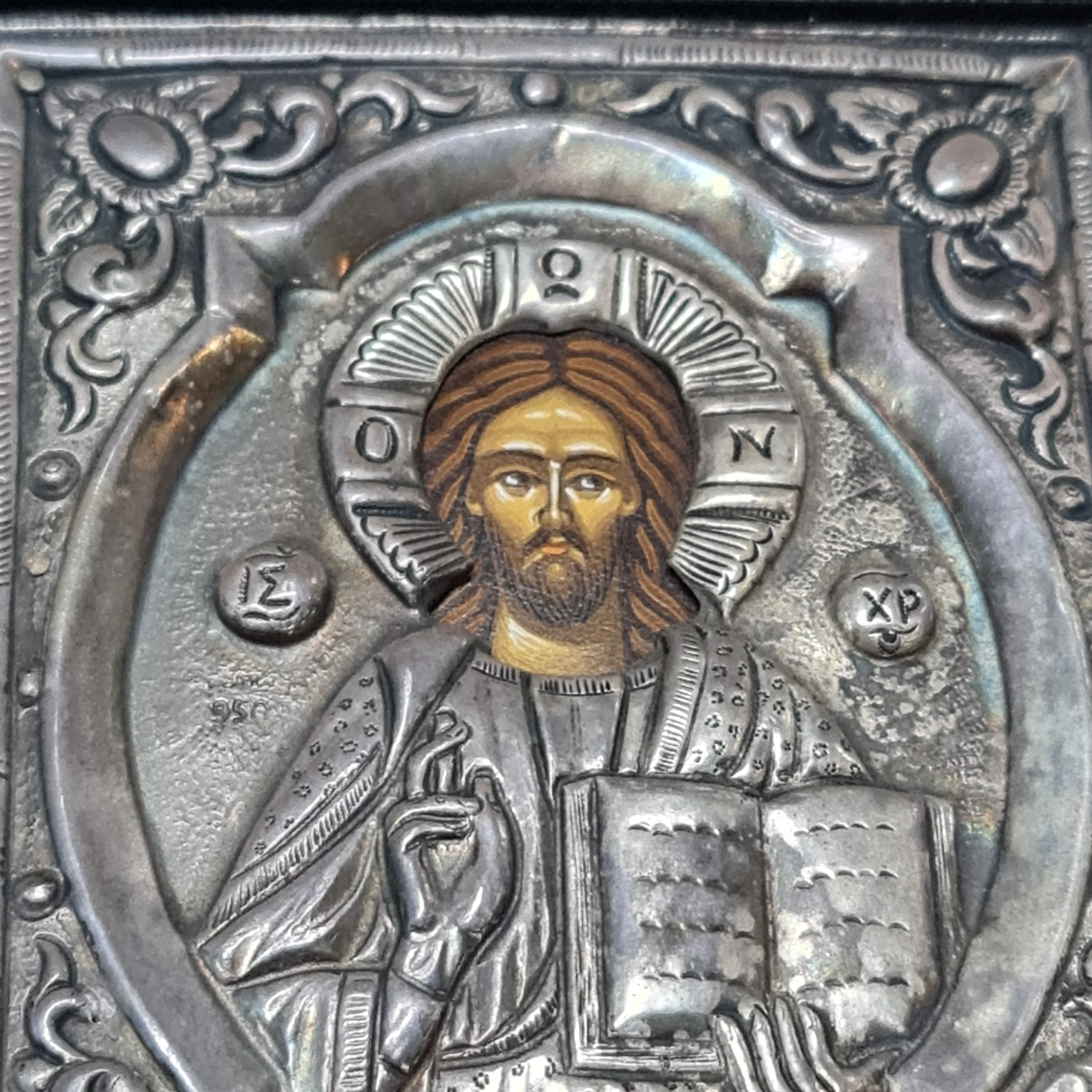 Vintage Saint Jesus Greek icon 950 Silver original art